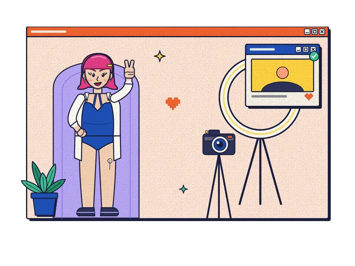 A confident creator in a swimsuit and open shirt poses at her ring-light set while her new post goes live.