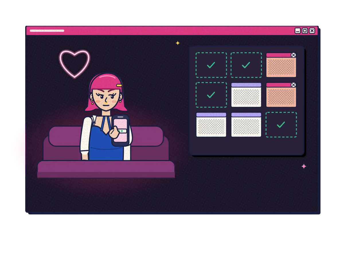 A creator on a sofa under a neon heart checks her phone as leak pages on a wall screen are closed.