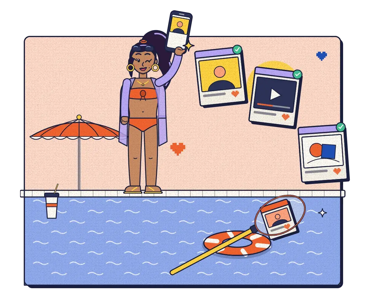 A creator in a bikini and sheer kimono takes a poolside selfie among her checked posts while a pool net scoops a stolen copy out of the water.