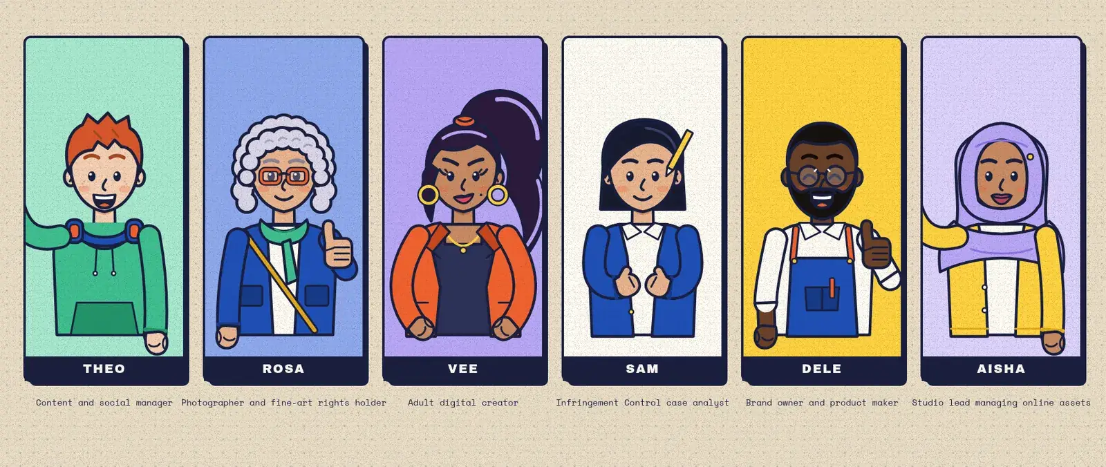 The six characters side by side.
