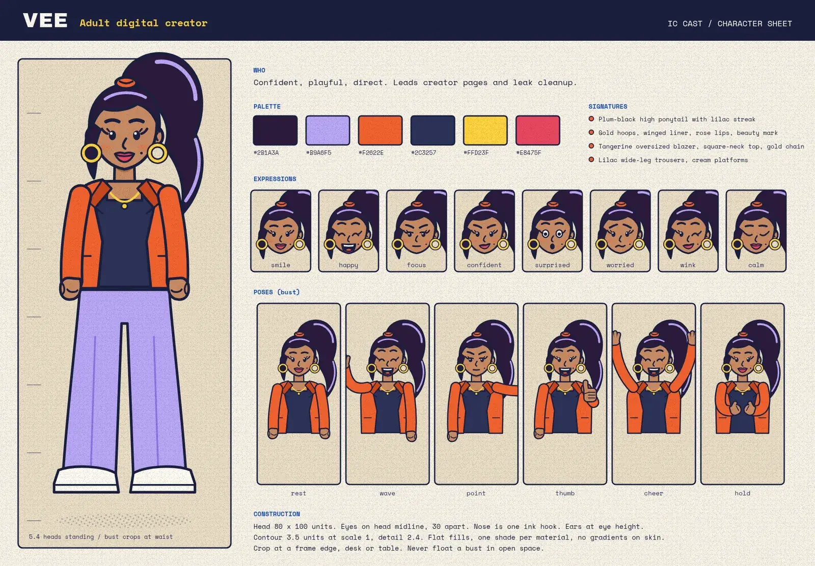 Character sheet for Vee showing her palette, eight expressions and six poses.