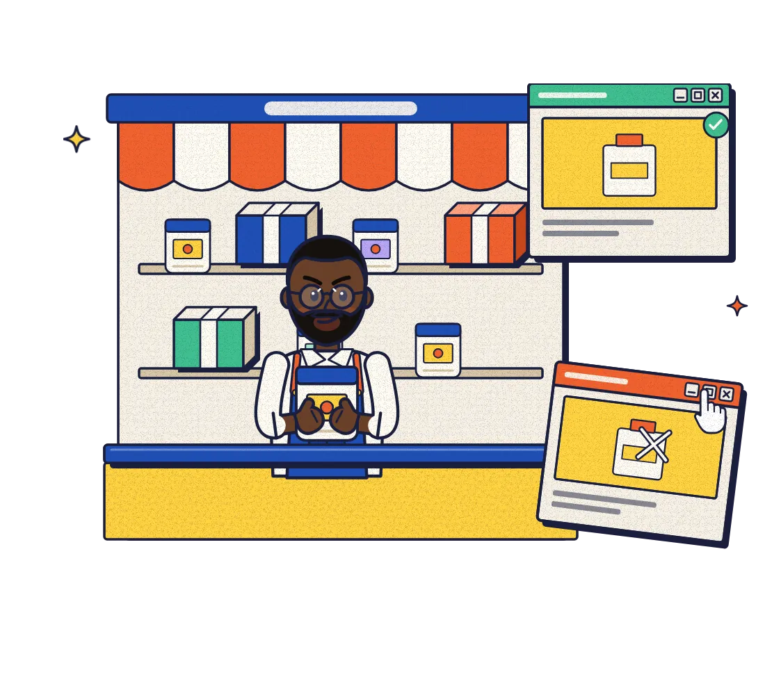 A shop owner stands at his counter holding a product, beside his real listing and a crossed-out copied listing.