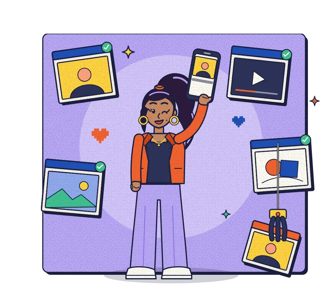 A stylish creator takes a selfie among her checked content cards as a claw carries a stolen copy away.