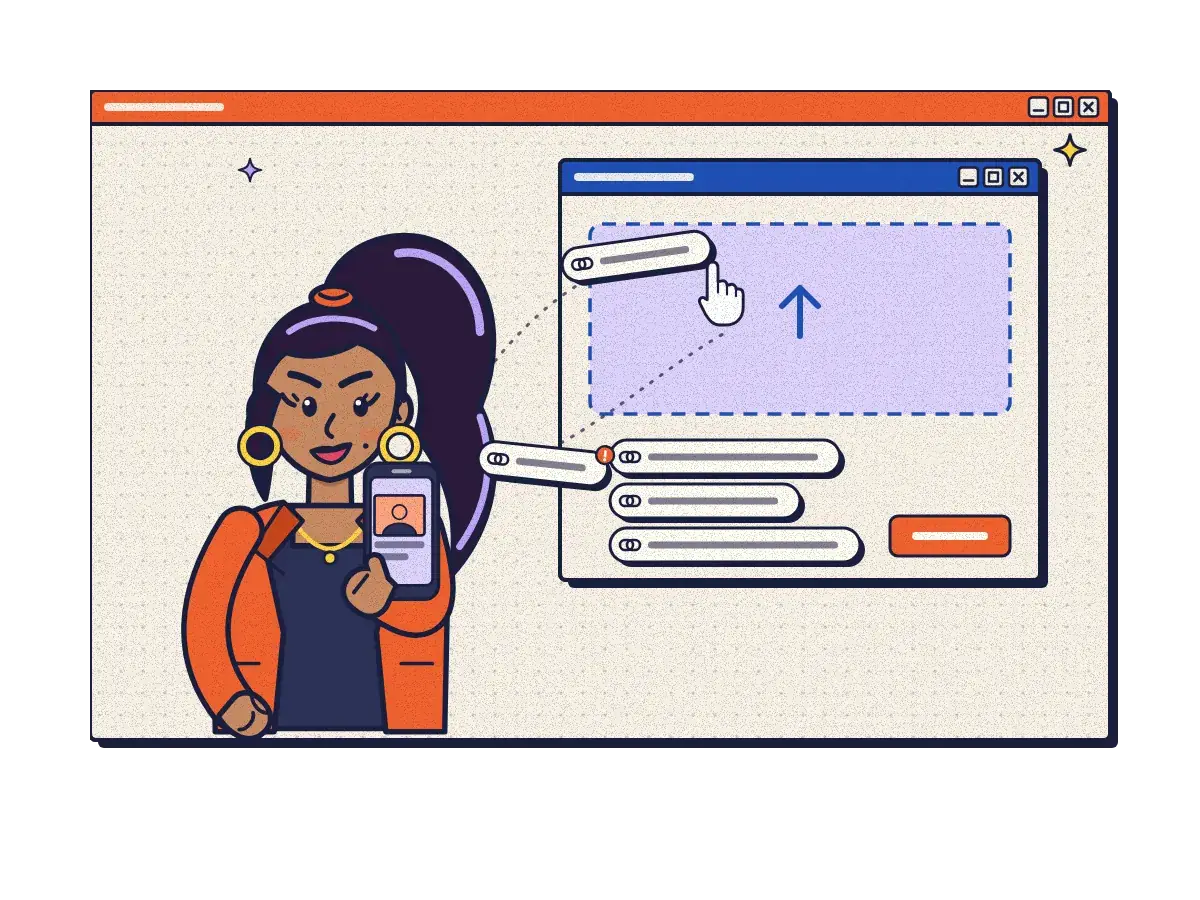 A creator sends links from her phone into an upload window.