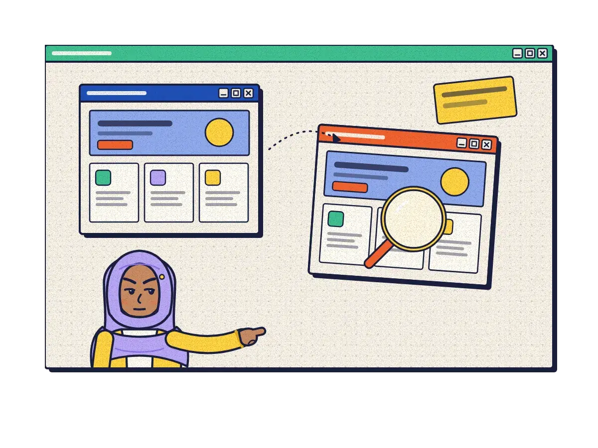 A studio lead points at a website and its near-identical clone under a magnifying glass.